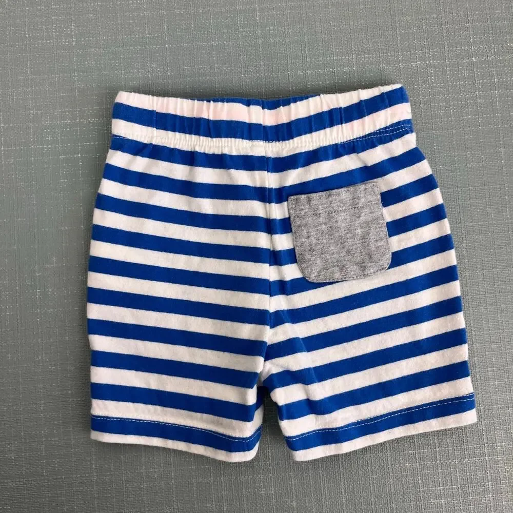 Mini Boden Jersey Short Set Blue Stripe Applique Truck 0-3 Months